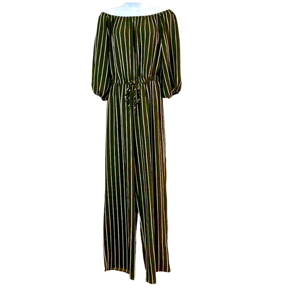 Haute Monde Dark Olive Striped Jumpsuit Size Medium Wide Legs Elastic Waist